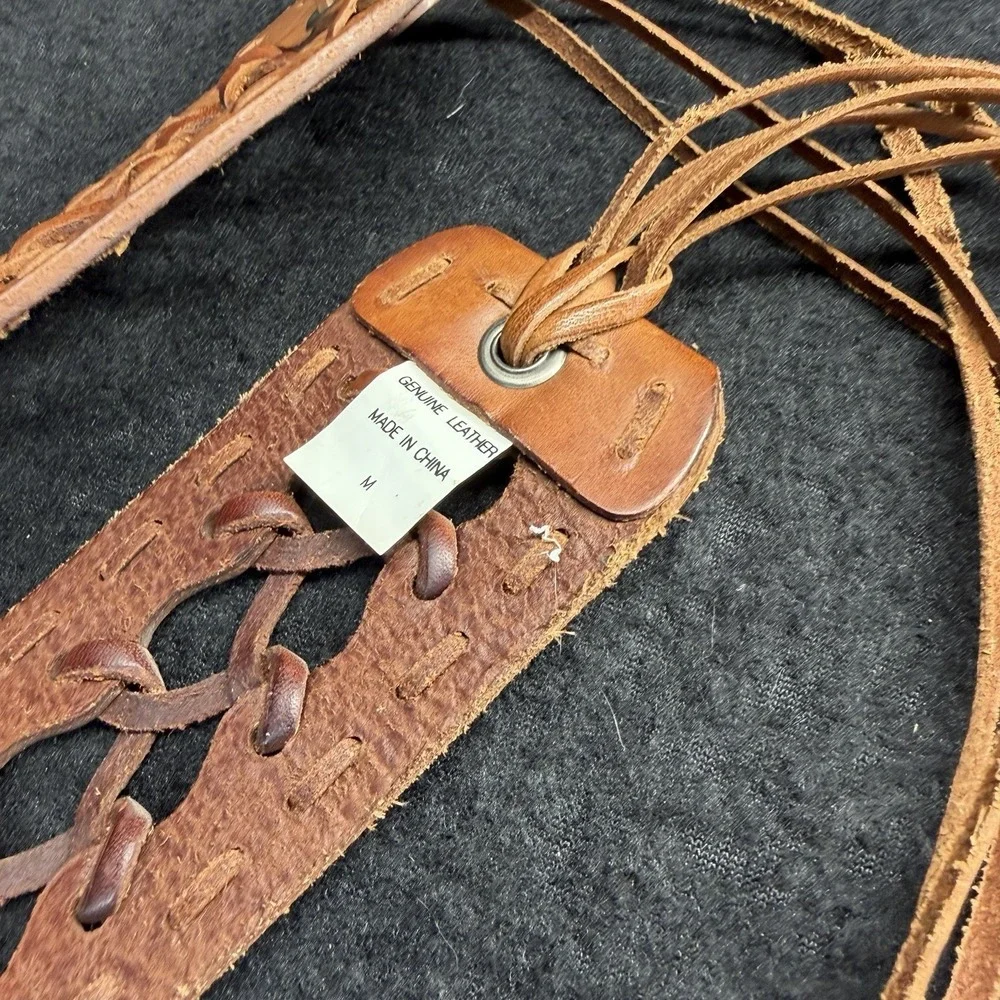 Woven LEATHER Tasseled Wrap Belt Women O/S ONE SIZE Cognac Brown